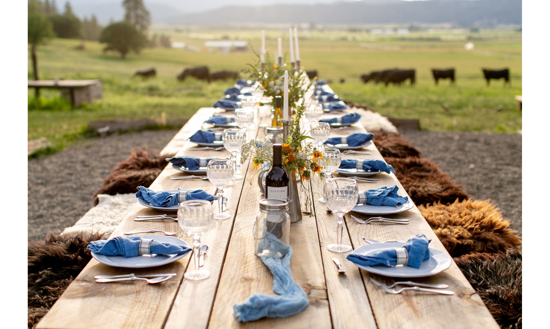 Outdoor table setting at Five Marys Farms in Nothern California