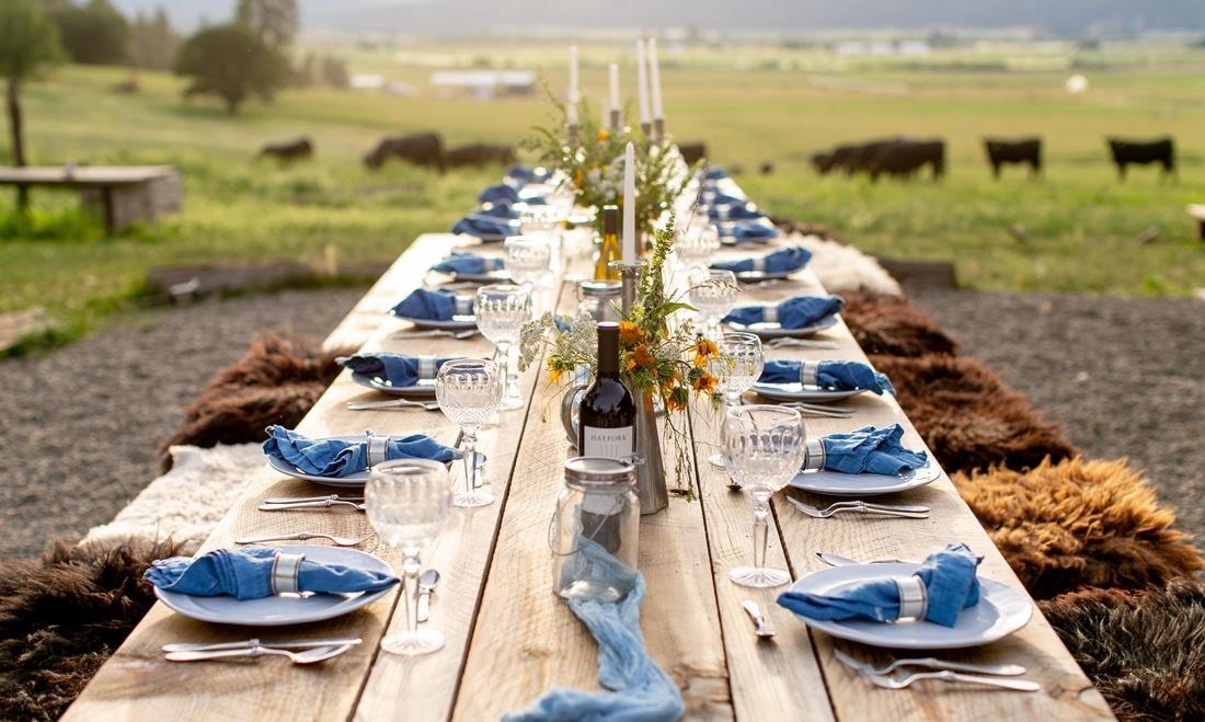 Outdoor table setting at Five Marys Farms in Nothern California