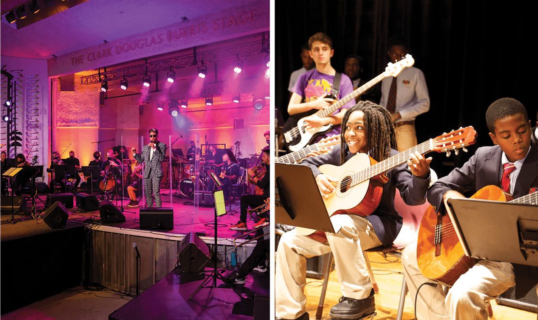 On the left, a singer in front of a band with multiple instruments. On the right, two classical guitarists play.