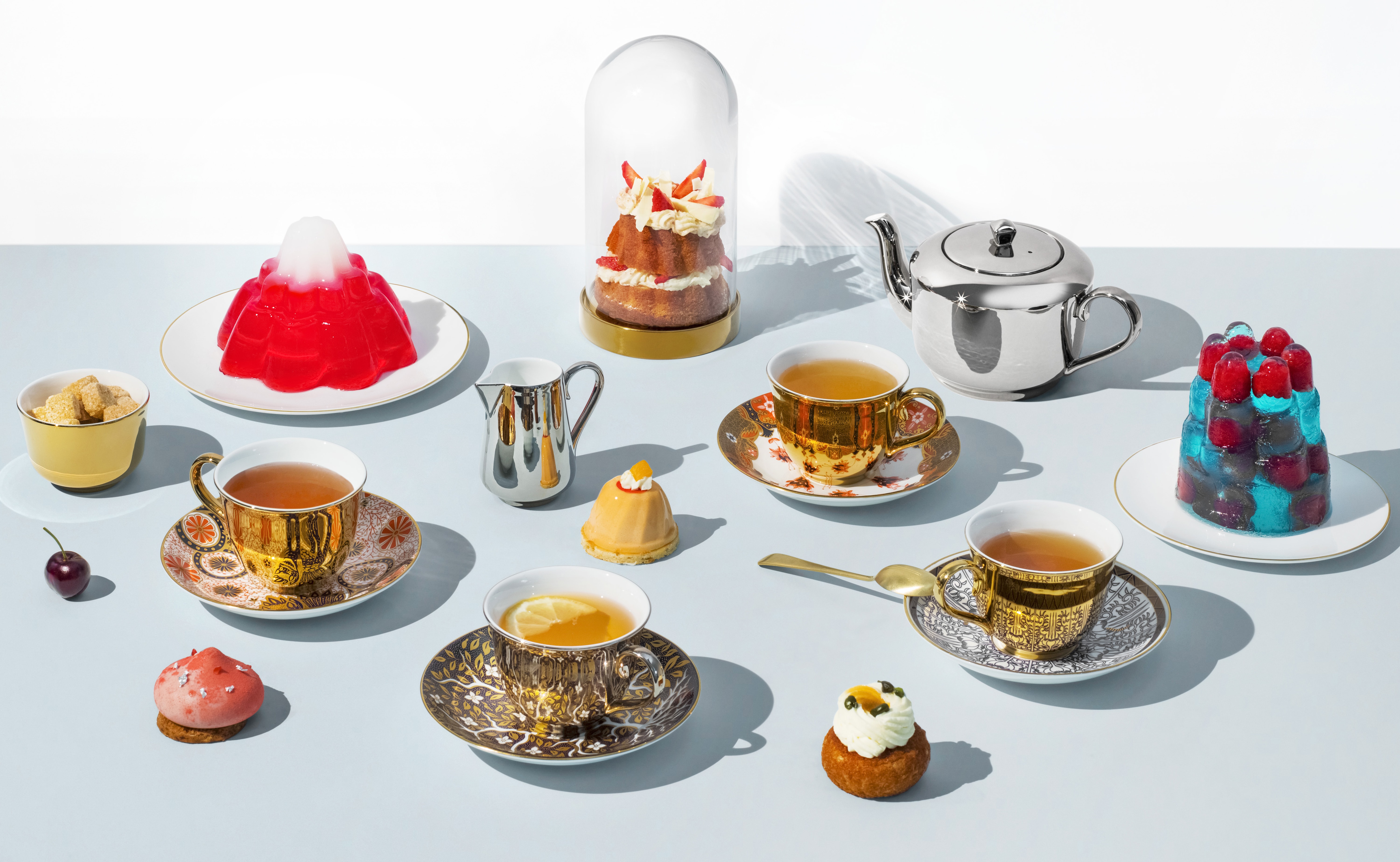 Teacups and saucers from the studio’s recent collaboration with the Victoria & Albert Museum.