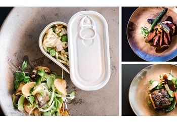 Some of the dishes that delighted Paranjape's guests included (clockwise from left:) Tuna Confit, Hangar Steak with Black Asparagus, and Bread Salad with Sherry Glazed Pork Belly.