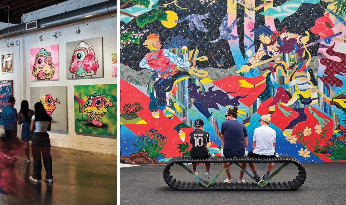 A room filled with urban art on coutless canvases.