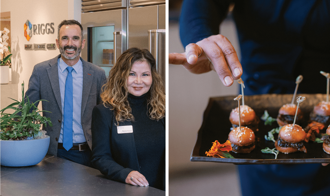 On the left, Grant Riggs and Marissa Durazzo pose at their San Francisco showroom. On the right, mini cheeseburgers.