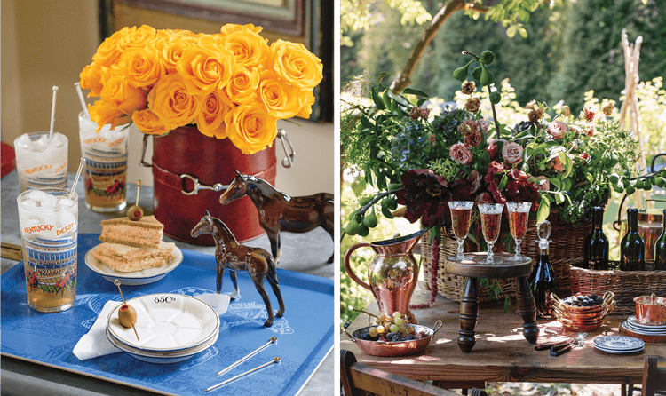 Left, small horses and an orange bouquet on a tablescape. Right, a rustic-themed outdoor setting with a flower display.
