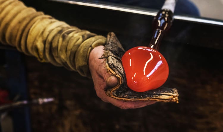 The glassware in the studio’s London, 1650 collection was mouth-blown using 17th-century techniques.