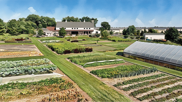 A painting of the Harvest Haven Farm in Fitchburg, Wisconsin with multiple fresh ingredients being grown in groups.