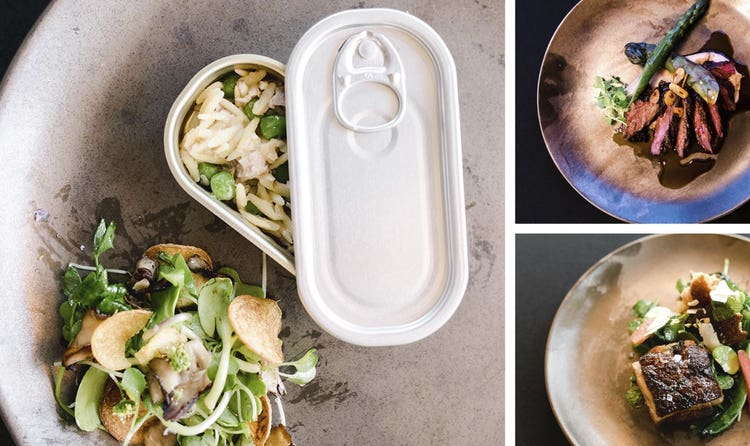 Some of the dishes that delighted Paranjape's guests included (clockwise from left:) Tuna Confit, Hangar Steak with Black Asparagus, and Bread Salad with Sherry Glazed Pork Belly.