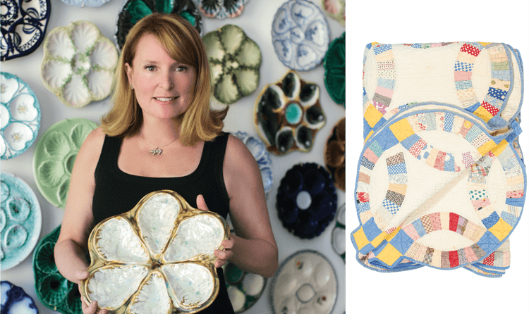 On the left, Dianne O'Connor holding a vintage oyster plate. On the right, a quilt her grandmother stitched.
