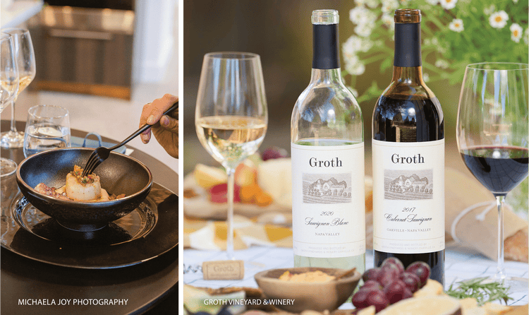 On the left, seared scallops in a black bowl. On the right, bottles of Groth red and white wine.