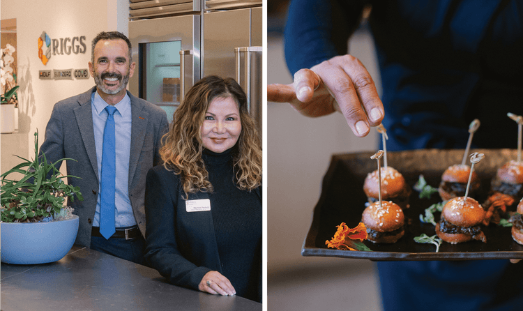 On the left, Grant Riggs and Marissa Durazzo pose at their San Francisco showroom. On the right, mini cheeseburgers.
