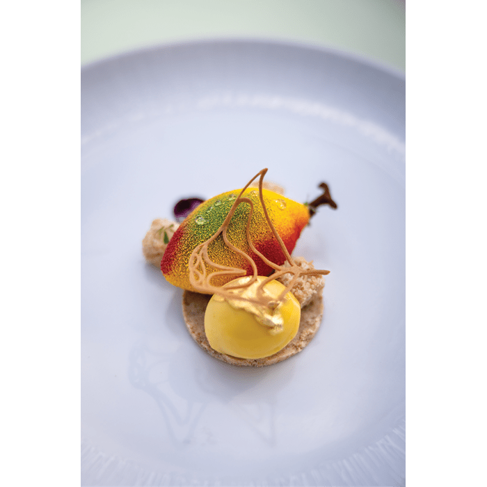 A fruit-shaped mousse with red, green, and yellow hues on a biscuit base, topped with sugar art and gold leaf.