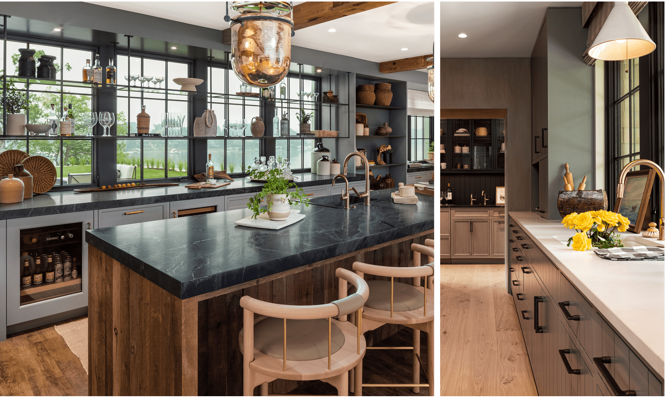 Left: the kitchen area has a Wolf 30" Double Electric Wall Oven and a Wolf 48" Gas Range. Right: the main sink area.