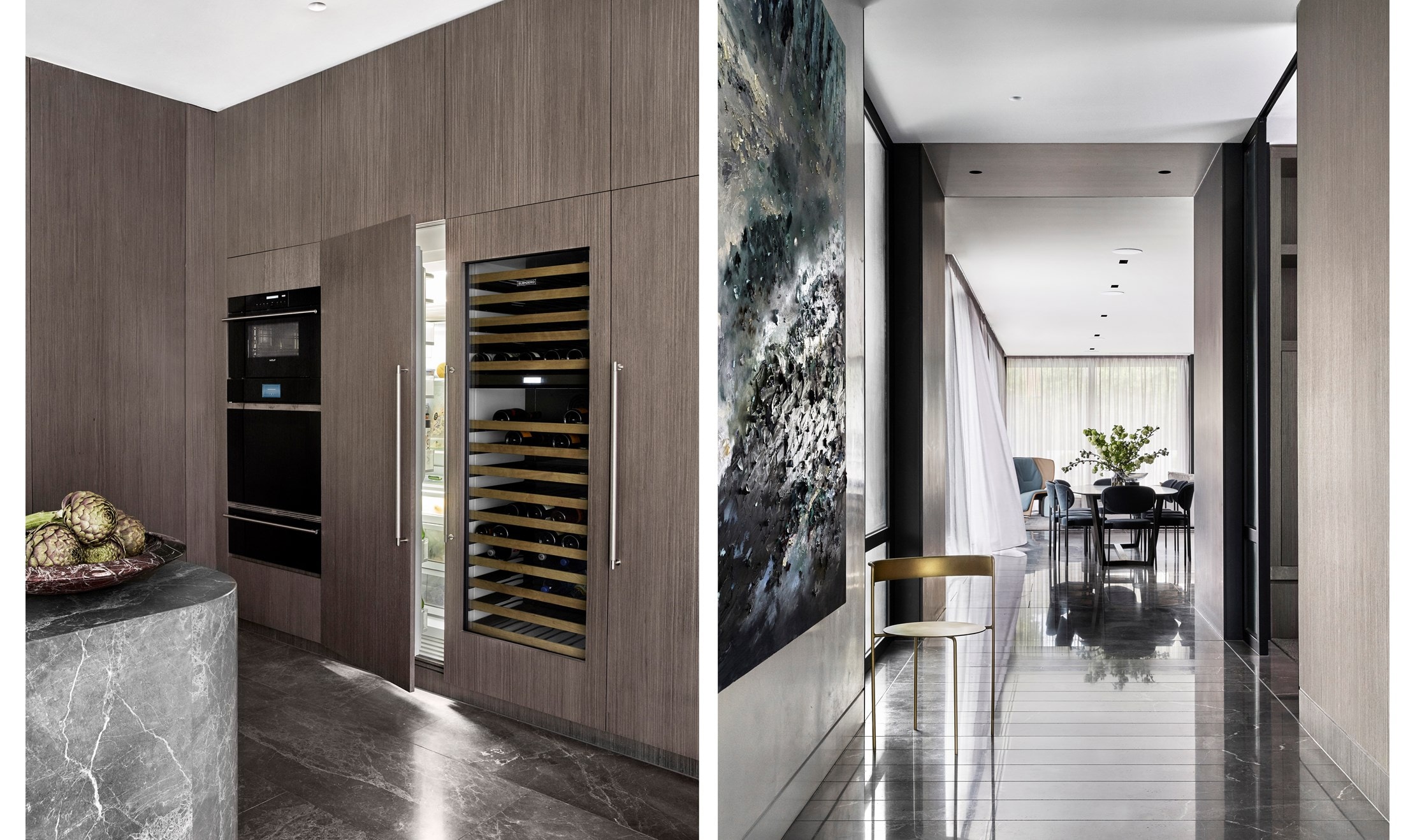 Timber wall houses four integrated columns of Sub-Zero refrigeration, including a wine storage unit along with a 30-inch-wide stack of sleek, black glass Wolf ovens—convection steam oven, single oven, and warming drawer
