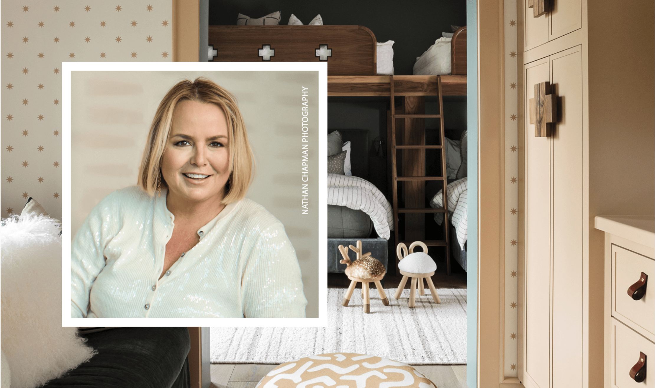 Interior Designer Lori Paranjape's headshot overlayed in front of a unique, wooden bunk bed design.