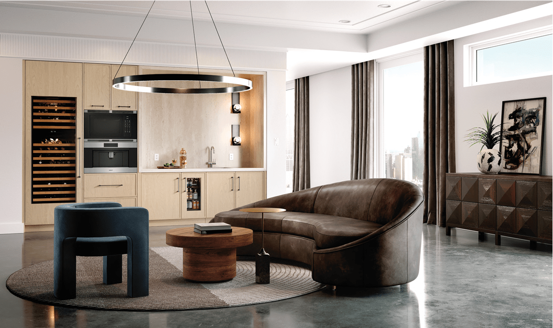 An urban living room features a Wolf Coffee System, dual Sub-Zero Undercounter Refrigerators, and a Wine Storage Unit.