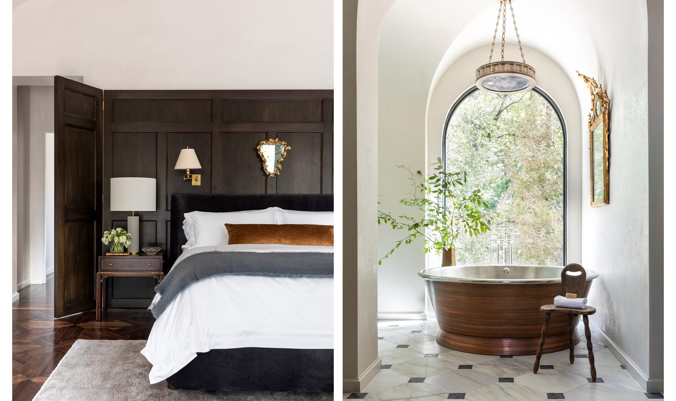 Majestic copper soaking tub set before an arched window that projects in the landscape.