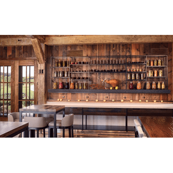 The barn's dining spaces, and farm-to-table aesthetic are accentuated by the reclaimed wood used.