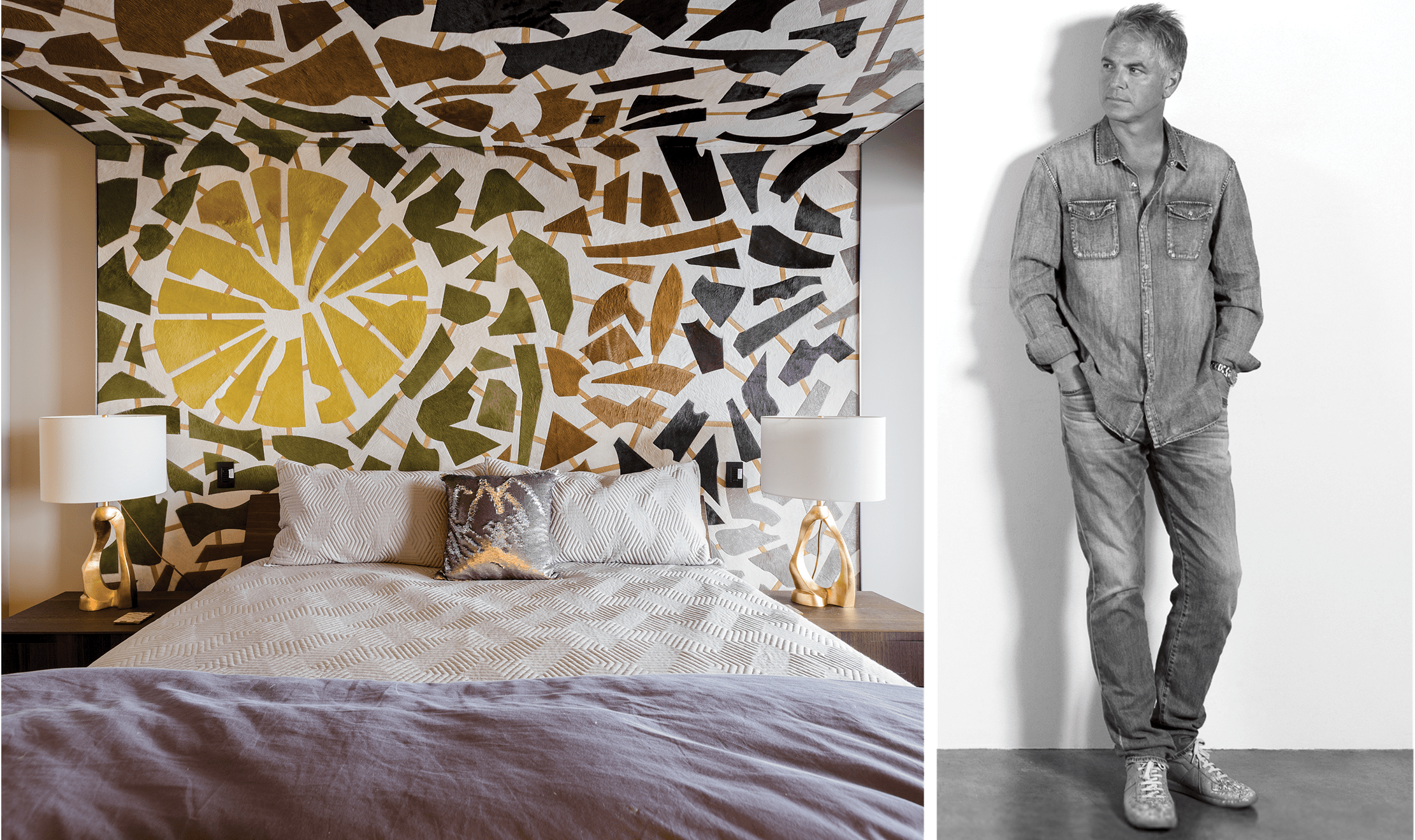 On the left, a wide shot of a bedroom designed by Anna Shay. On the right, Kyle Bunting posed in black and white.