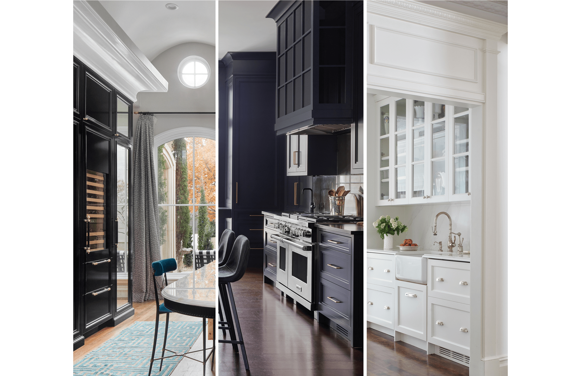 On the left, Melissa Fitzgerald's kitchen; the middle, Karen Ferguson's kitchen; the right, Elizabeth Steimberg's kitchen.