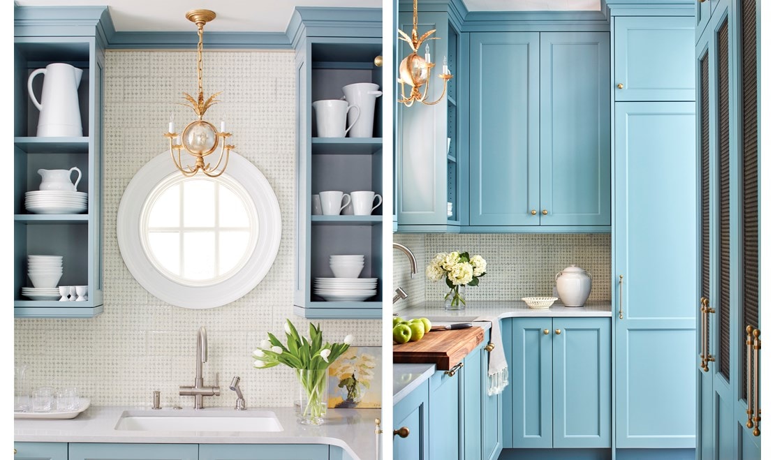 Left: A charming mini-chandelier hangs just above the pantry's porthole-style window. Right: The nearby pantry beckons with a brighter hue of blue. 