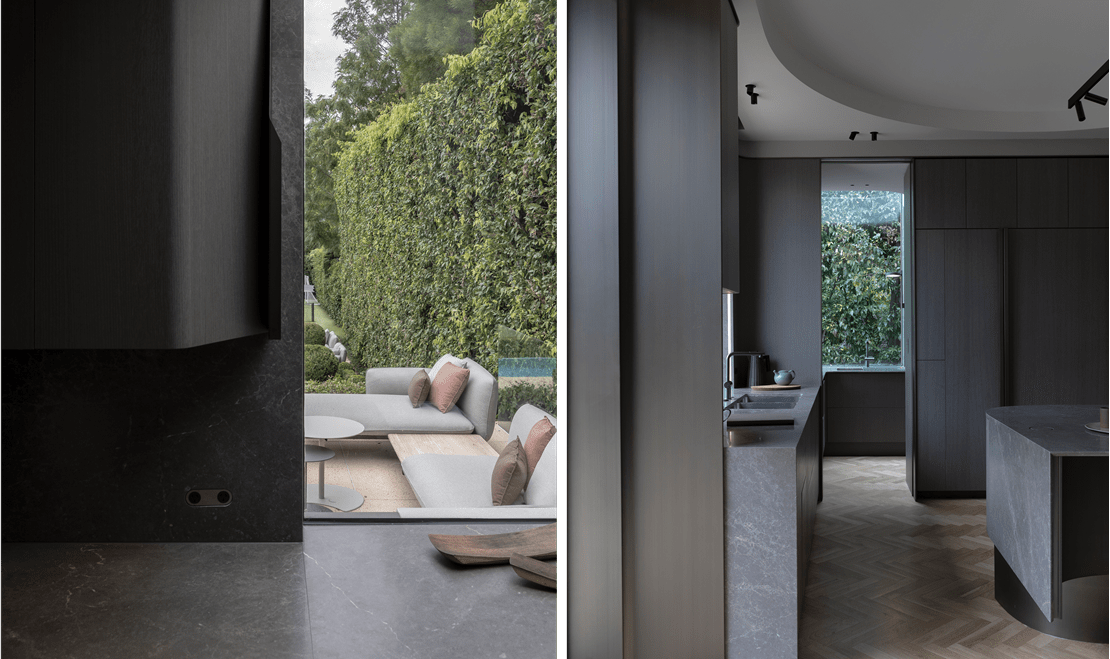 Additional perspectives of Amore's kitchen focused on windows illuminating the interior.