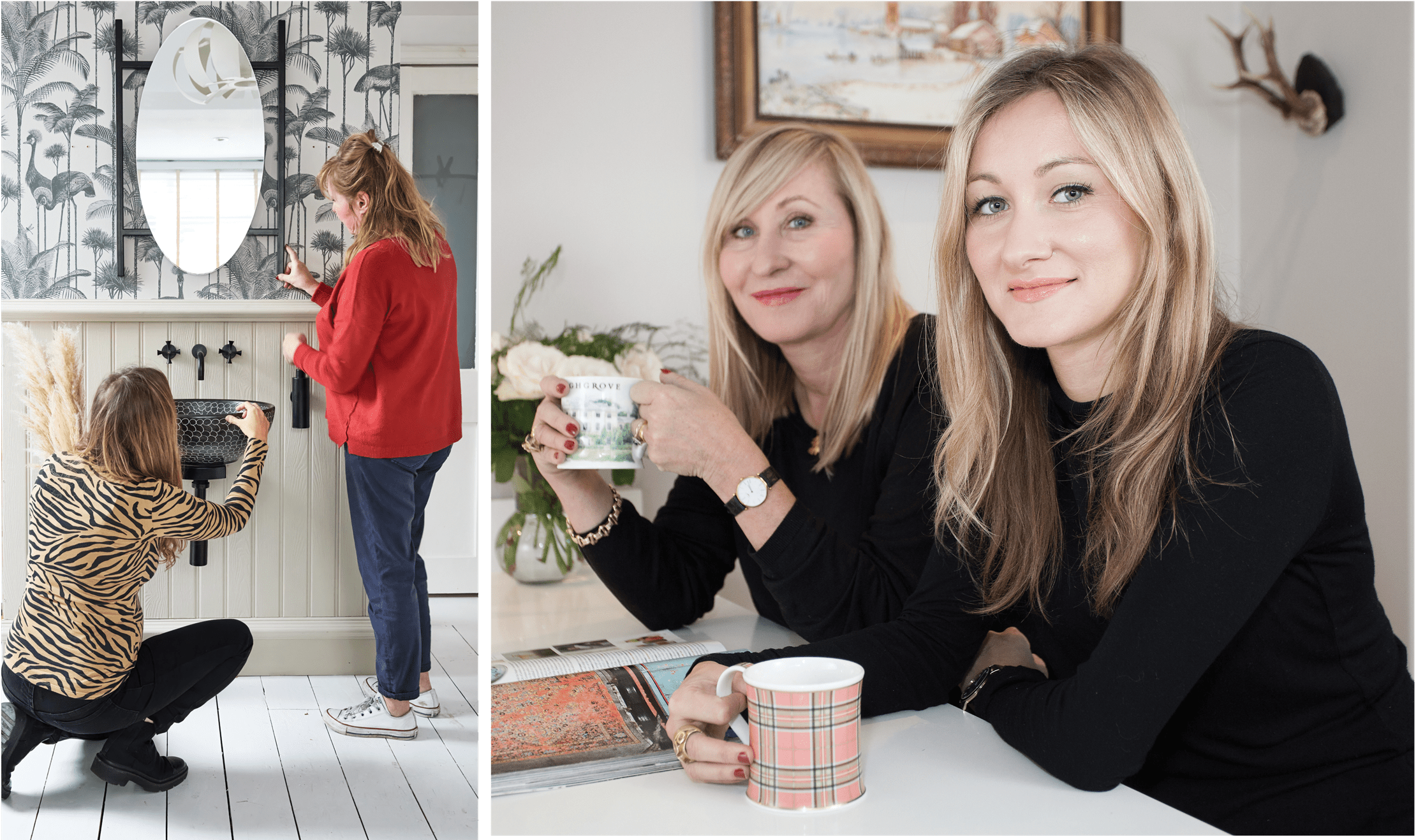 Anna and Nathalie Calis admire a porcelain sink placed within a bathroom. Anna Calis and Nathalie Calis are the founders of the London Basin Company.