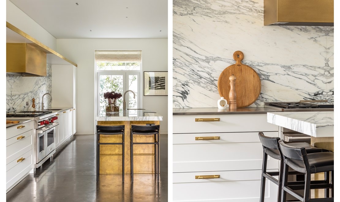 The marble veining is so amazing, we didn’t want anything to compete with it, says Todhunter, who included just one upper cabinet on the side of the room with the backsplash. 