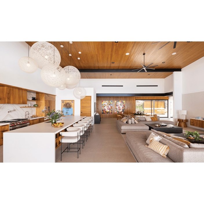 A contemporary, luxury open kitchen and living room design with beautiful artworks and a Wolf Appliances Range.