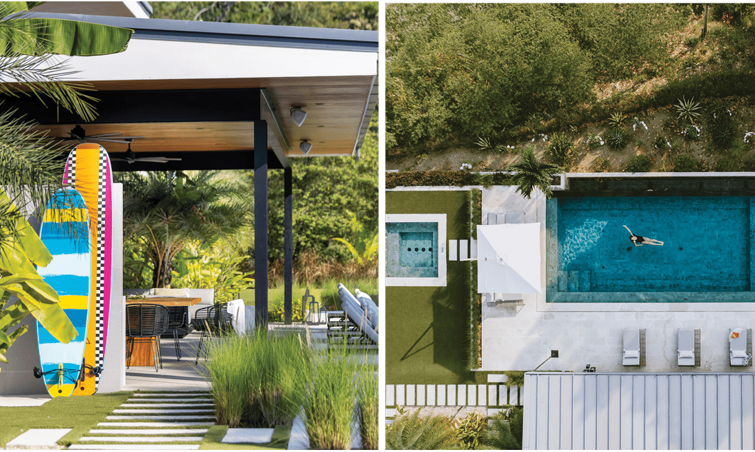 Left: The outside area with surfboards and chairs. Right: An aerial view of the pool and hot tub area.