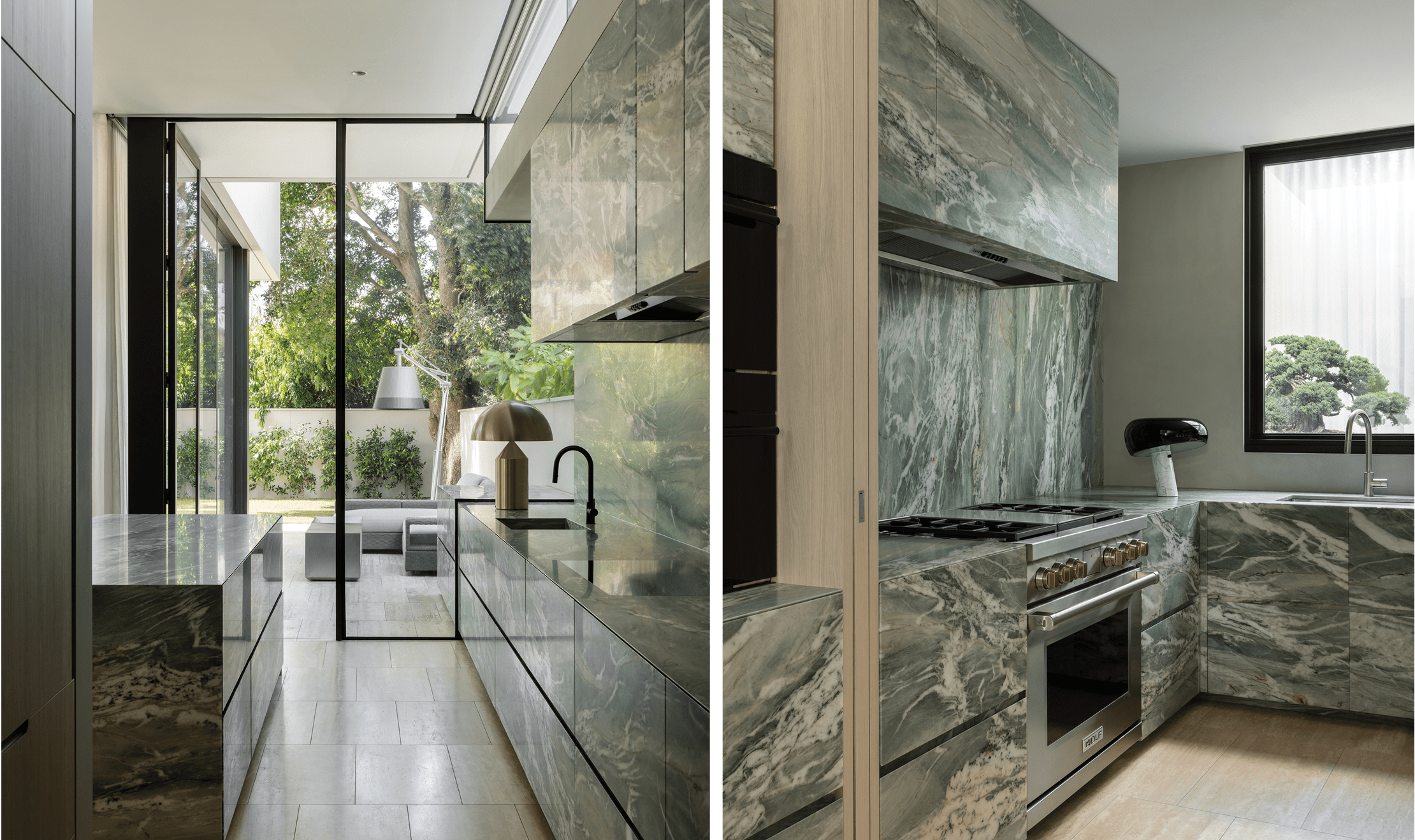 Additional views of Raffoul's kitchen features gorgeous marble green paneling that litters the entirety of the kitchens.