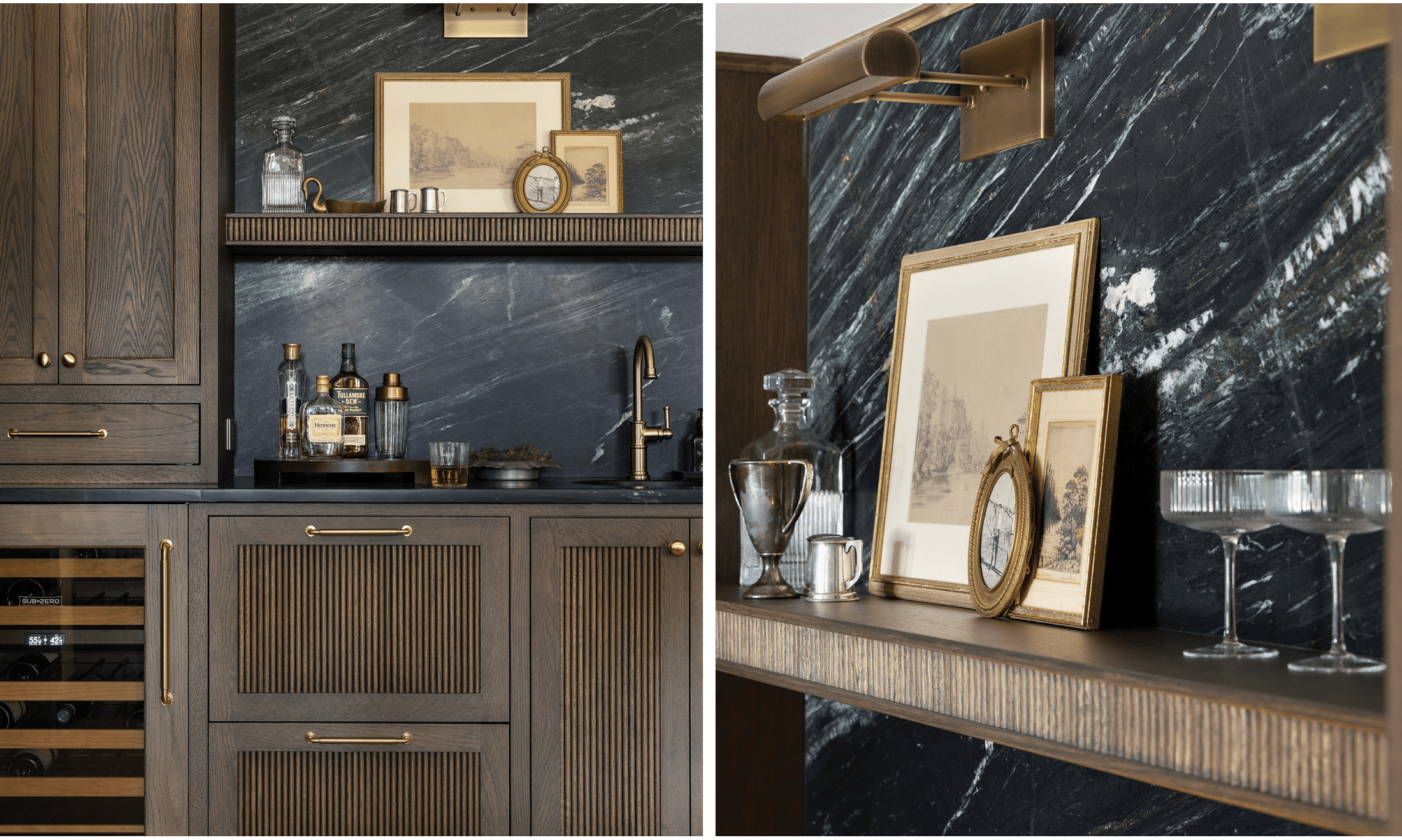 Left: a Sub-Zero 24" Undercounter Wine Refrigerator in a marble-toned bar. Right: pictures and drink glasses on the bar shelf.