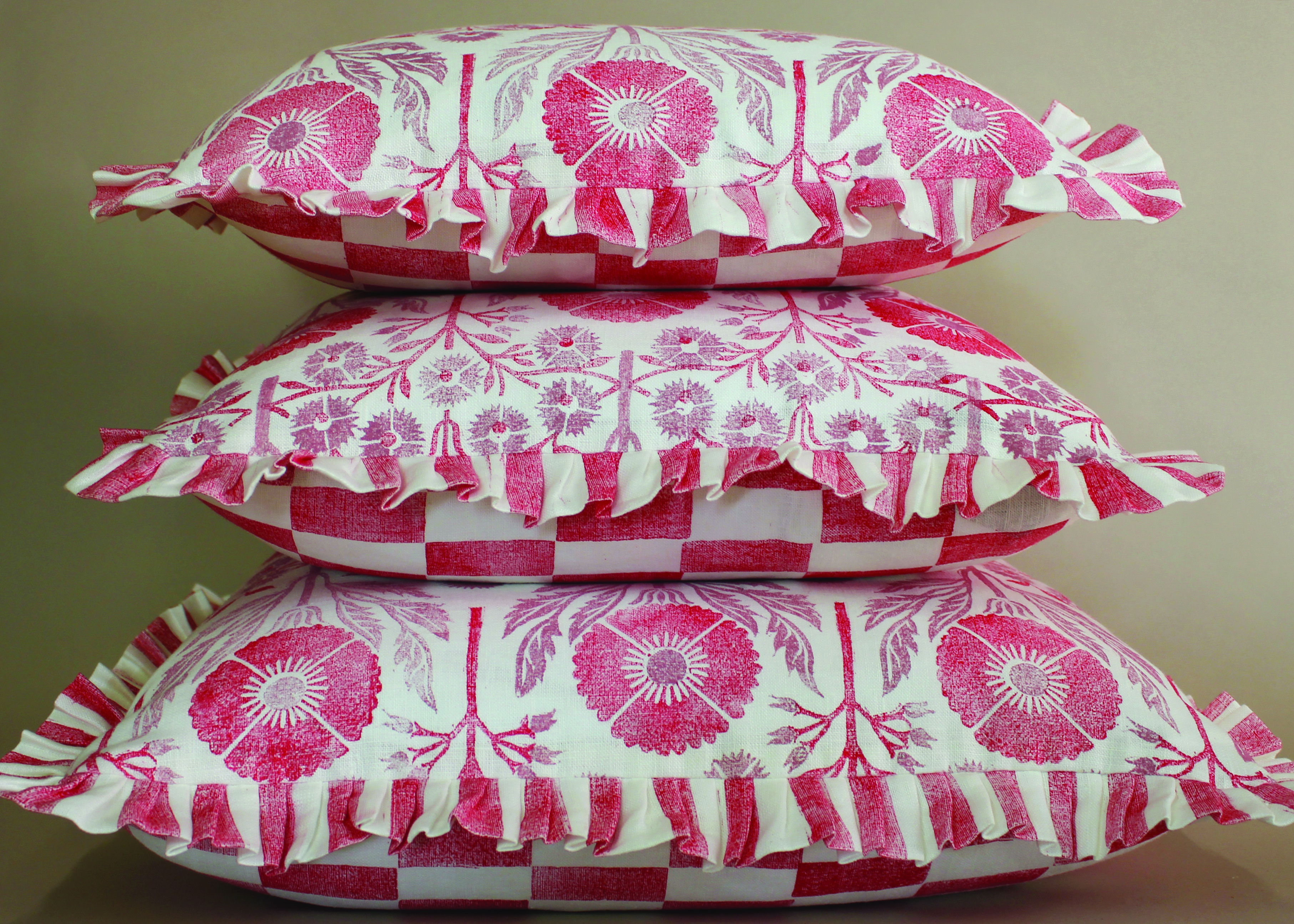 Hand-printed cushions in poppy linen