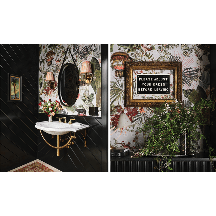 A split-view image featuring the bathroom sink and mirror and an image reading "Please adjust your dress before leaving".