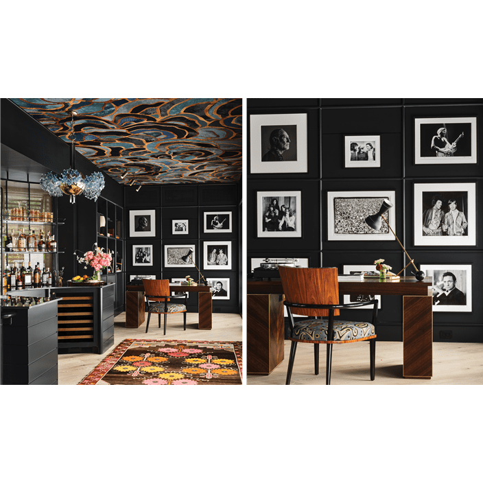 The ceiling is a multicolored pattern while the bar features a Sub-Zero Wine Storage, Ice Machine, and Refrigeration unit.