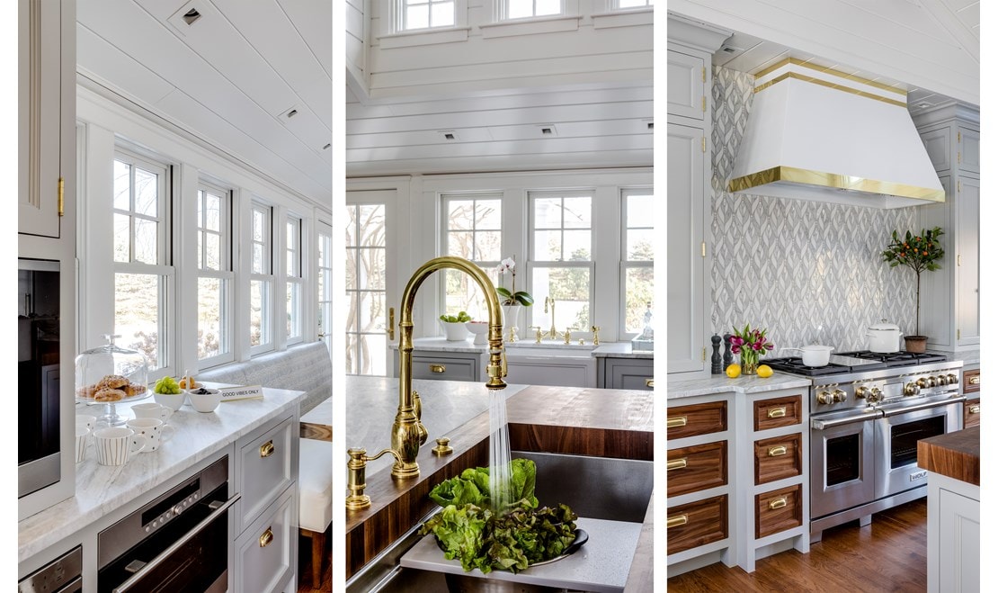 Bright and airy kitchen high on both style and function featuring Wolf Range with a teardrop-mosaic backsplash