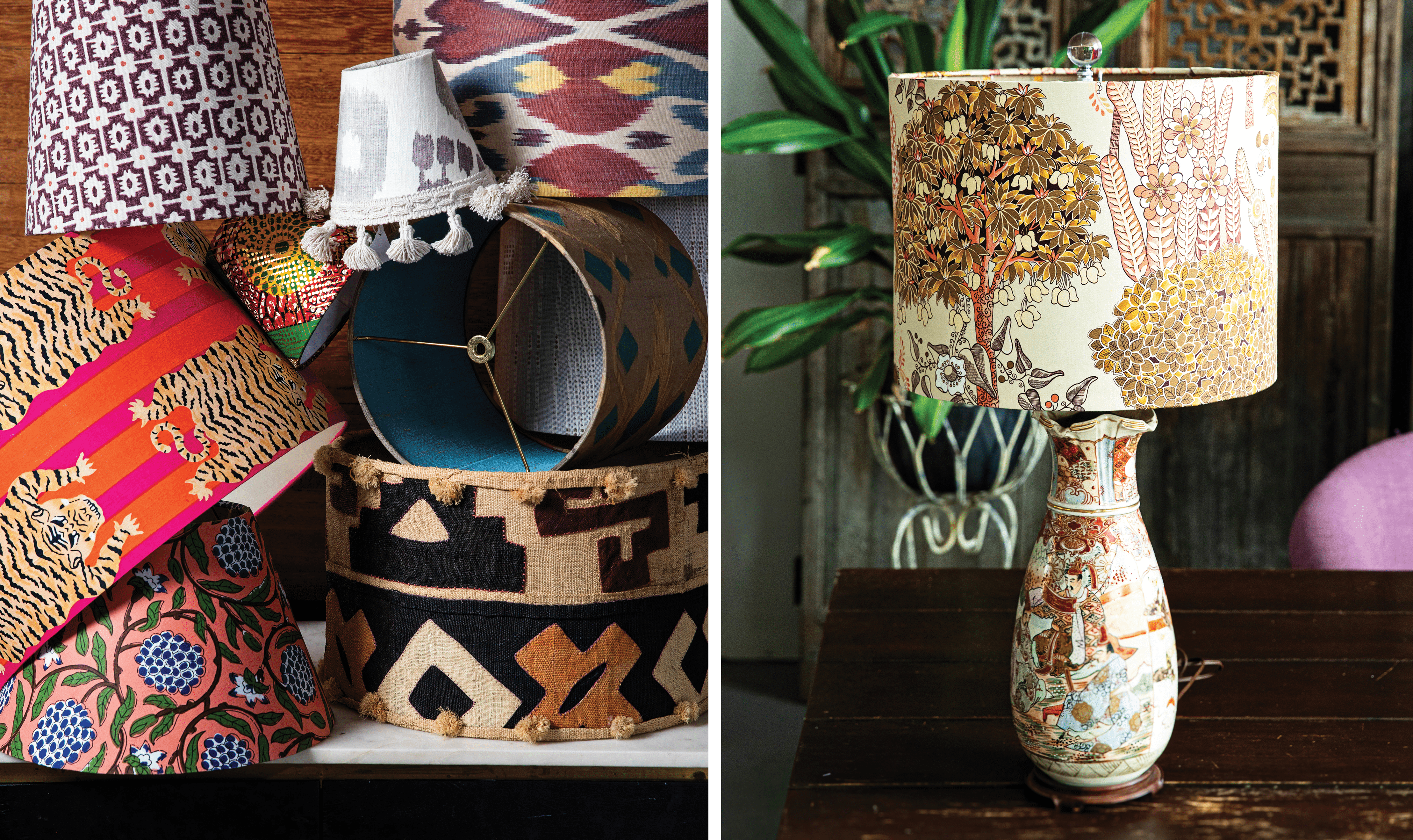 Left: Multiple colorful lampshades stacked on one another. Right: A beautiful white and red lampshade with a creative design.