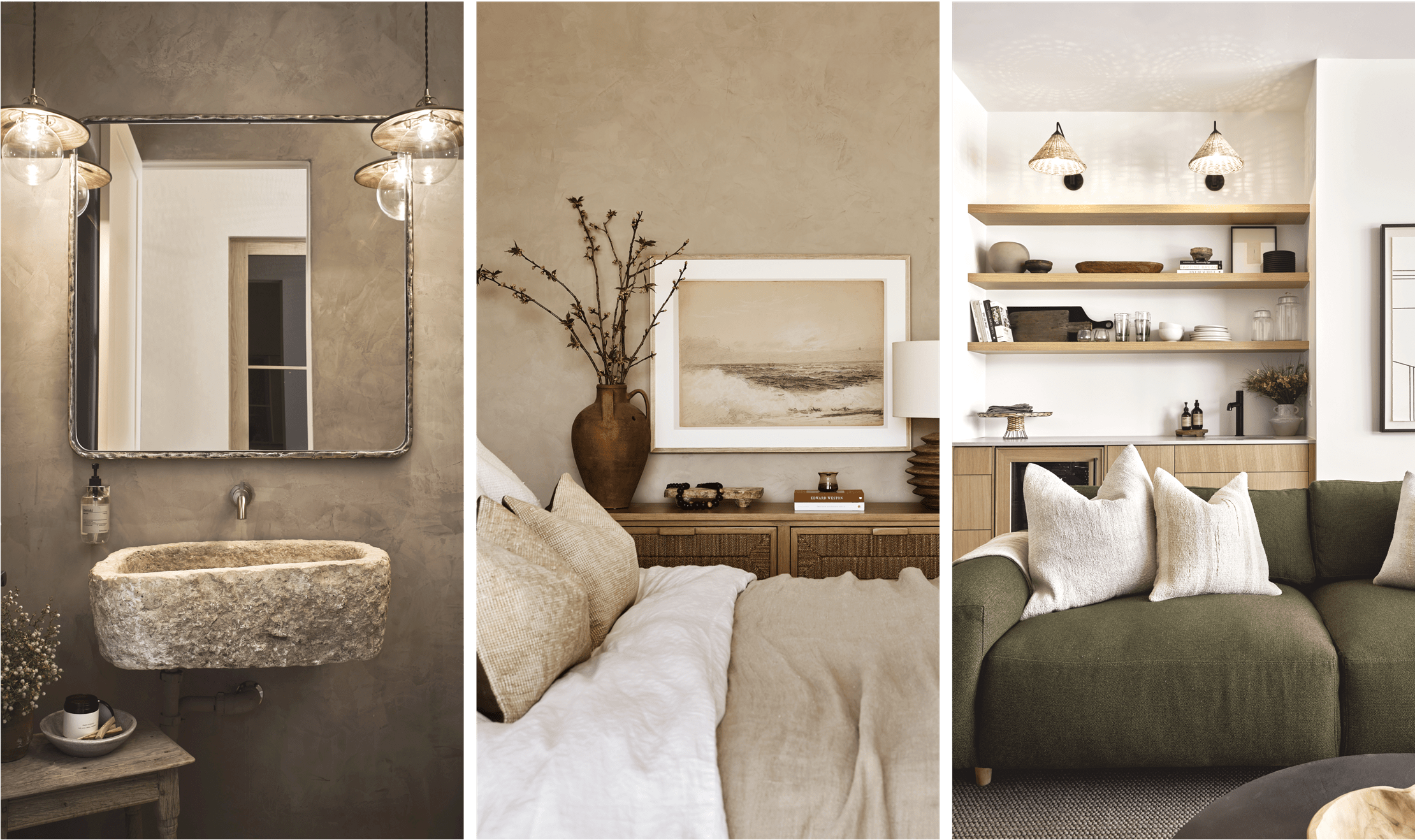 The bathroom features a rustic, unique sink, emphasizing the earthy tone of the Tulum house. In one of the five bedrooms, this room maintains Tulum's rugged aesthetic while supporting the character of the home.  The living space features a dark green couch with additional shelfing space behind it.