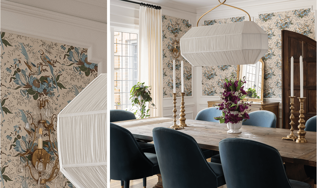 The dining room features 1960s-era wallpaper that inspired the color throughout the kitchen, butler's pantry, and main floor.