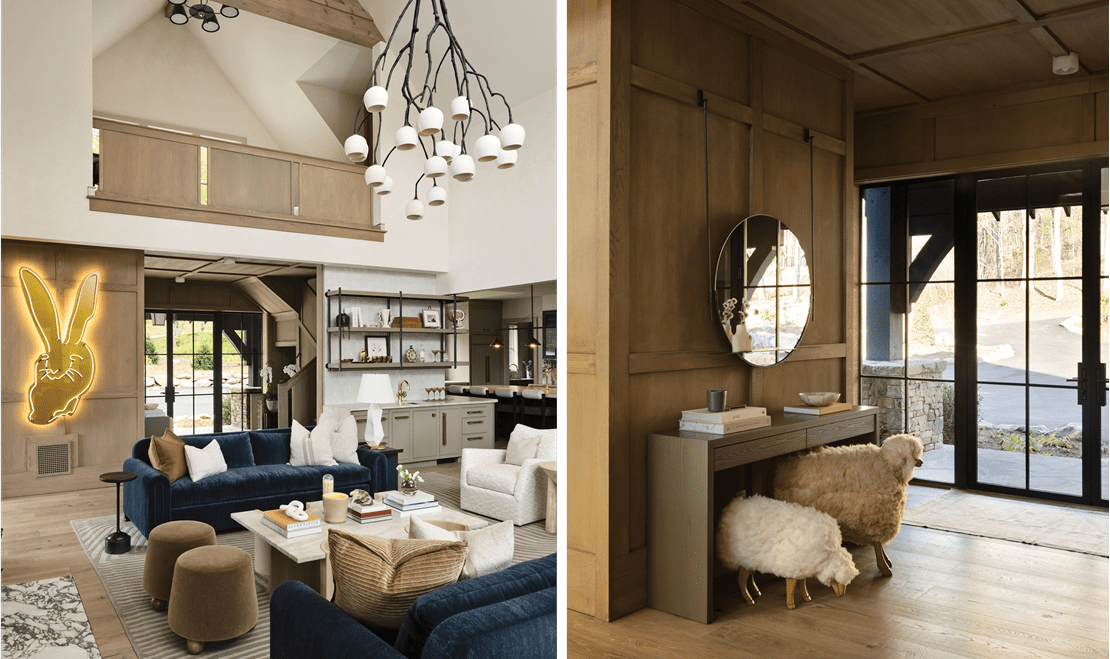 On the left, an open-space living room design. On the right, the interior front entrance of this North Carolina home.