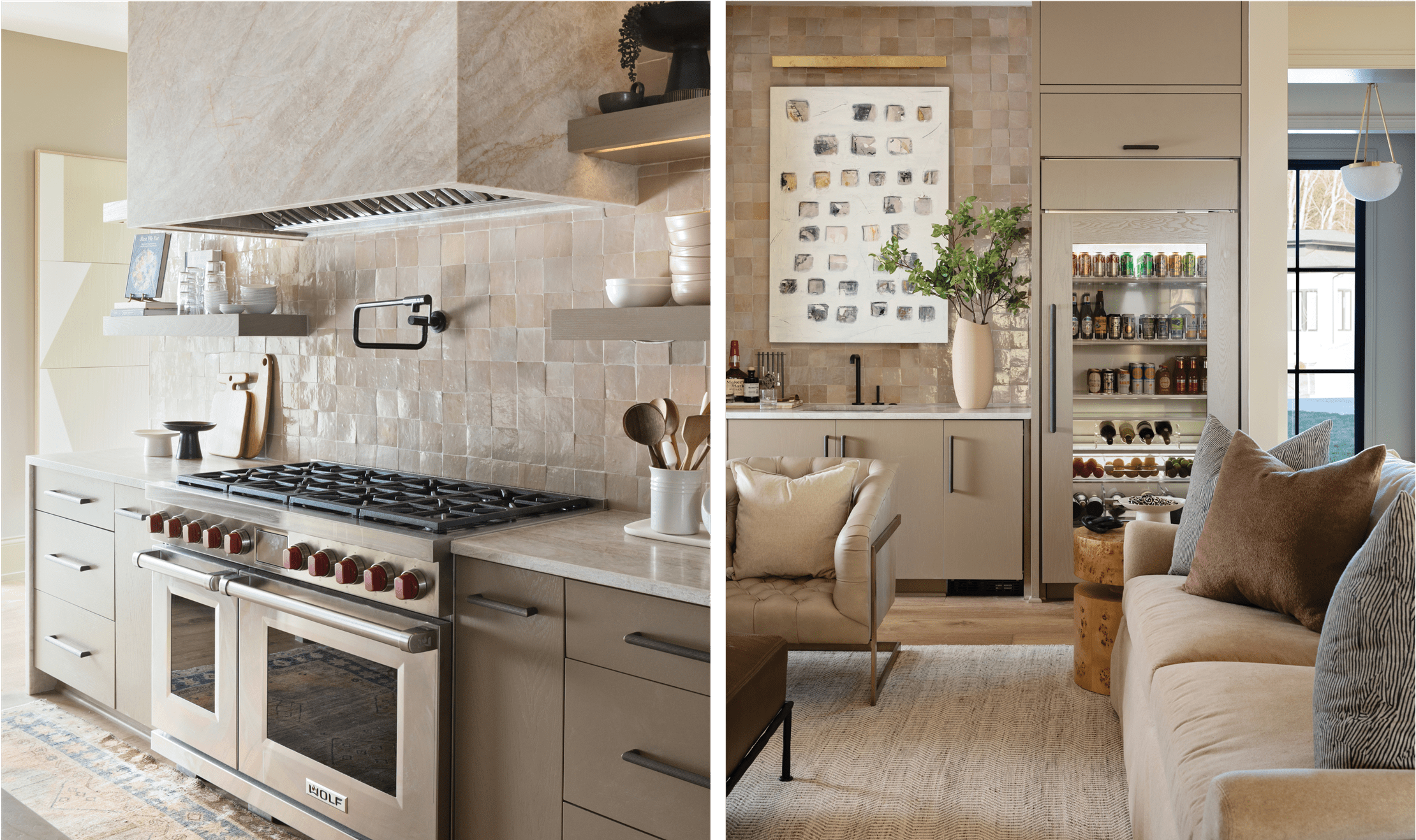 A Wolf range is centered within this kitchen in front of a beautifully textured wall. A Sub-Zero Classic refrigerator is the kitchen's main staple, contrasted by a texture wall behind it.