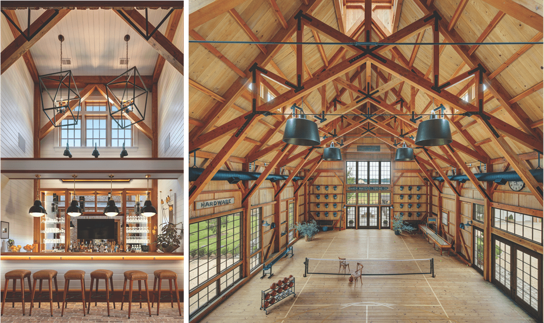 A barn on the property features a multi-use sports facility, while a bar features a creative lighting fixture.