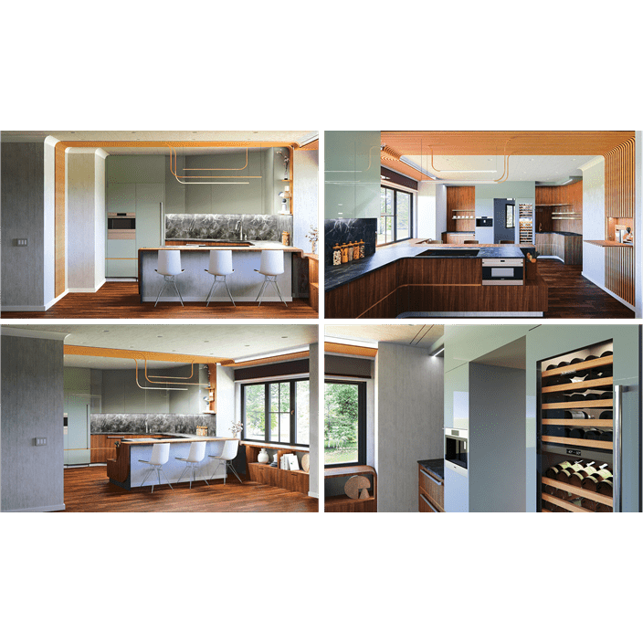 Multiple views of Drozdovitch's rendered kitchen featuring Sub-Zero, Wolf, and Cove products.
