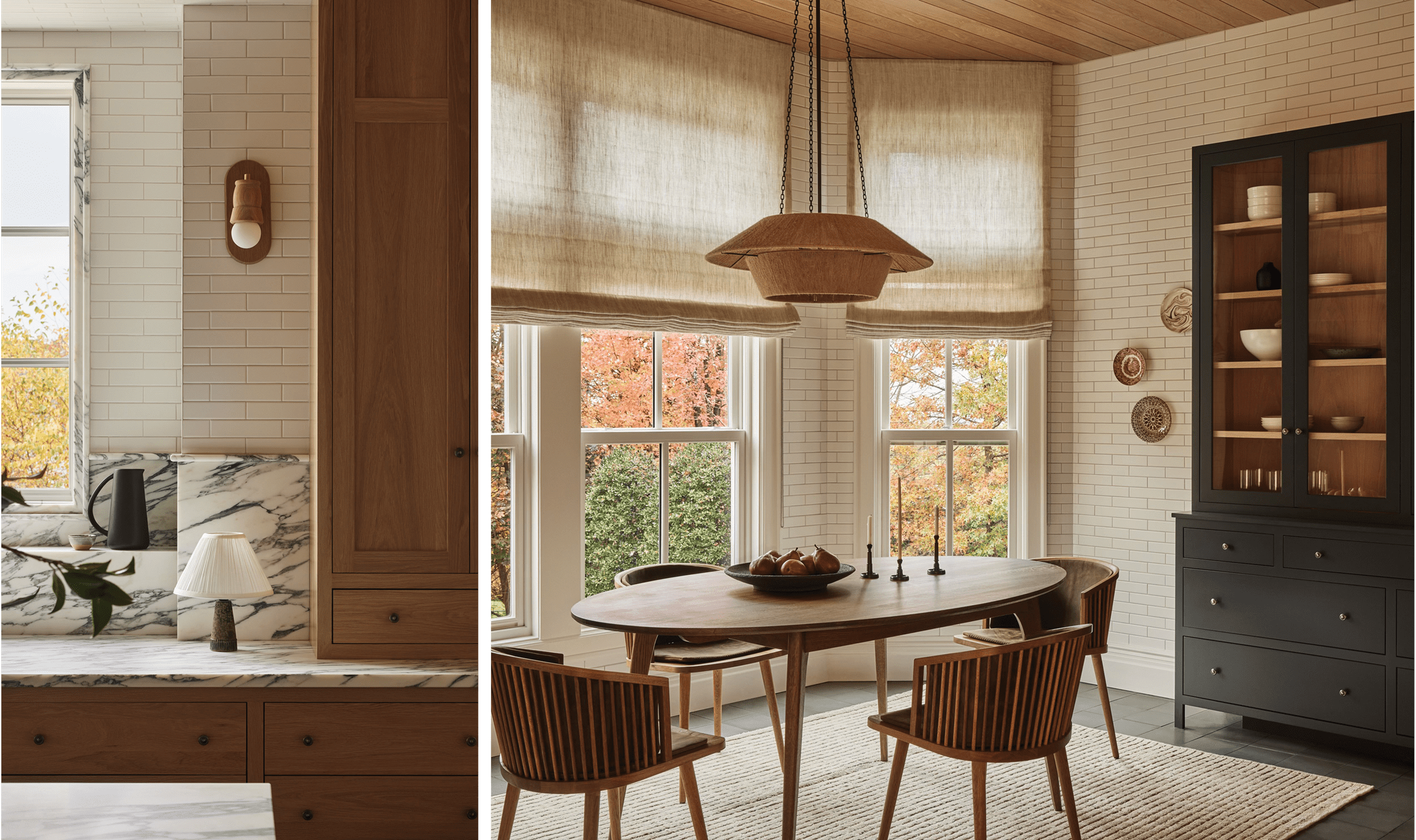 A split view of Hubener's kitchen and dining room design.