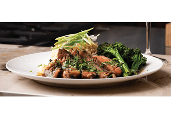 Glazed Teriyaki infused Rib of Beef with Steamed Coconut Fried Rice and Charred Sesame Broccoli