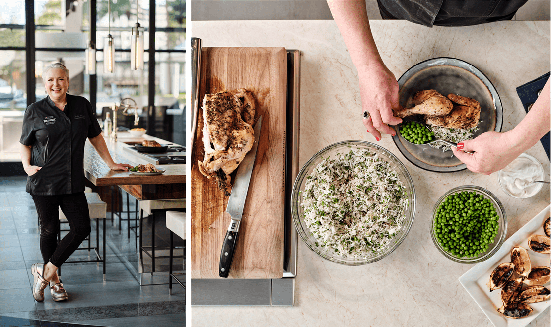 Sub-Zero, Wolf, and Cove Chef Molly Kruger preparing a roast chicken with herbed rice meal.