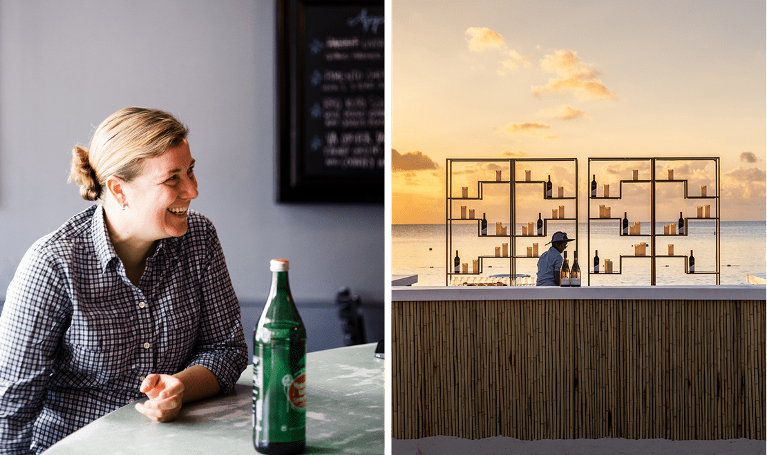 Left, Chef Ashley Christensen sitting at a bar, smiling. Right, a bar on the beach at the Ritz-Carlton, Grand Cayman.