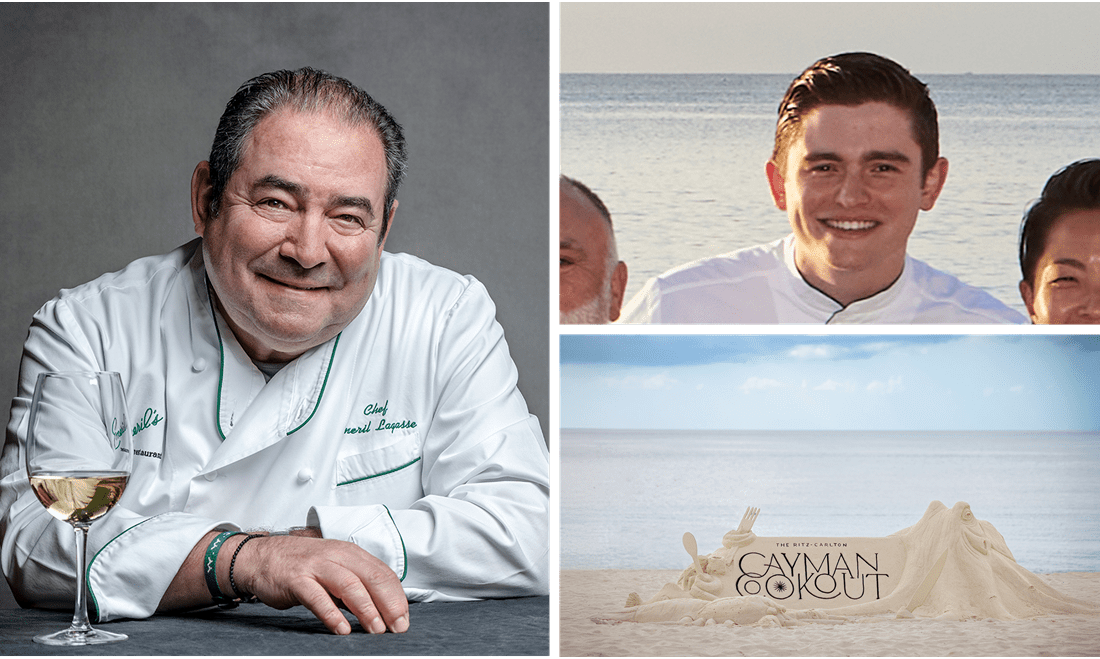 Left: Chef Emeril Lagasse. Top Right: Emeril's son, E.J. Lagasse. Bottom right: the Cayman Cookout hosted by the Ritz-Carlton.