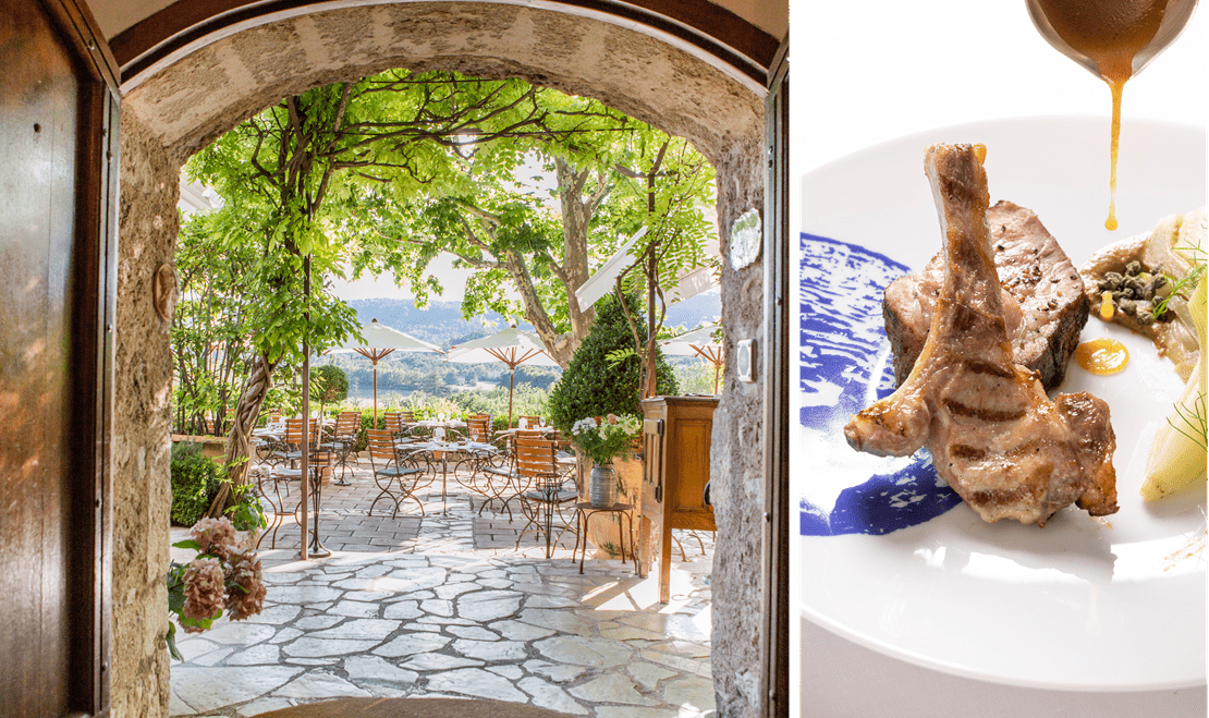 Left: A picturesque view of La Bastide De Moustiers property in Moustiers-Sainte-Marie, Provence, France. Right: a delectable entre.