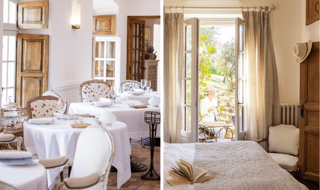 Left: The interior dining room at La Bastide De Moustiers. Right: A luxury bedroom with an occupant sitting on the outside patio.