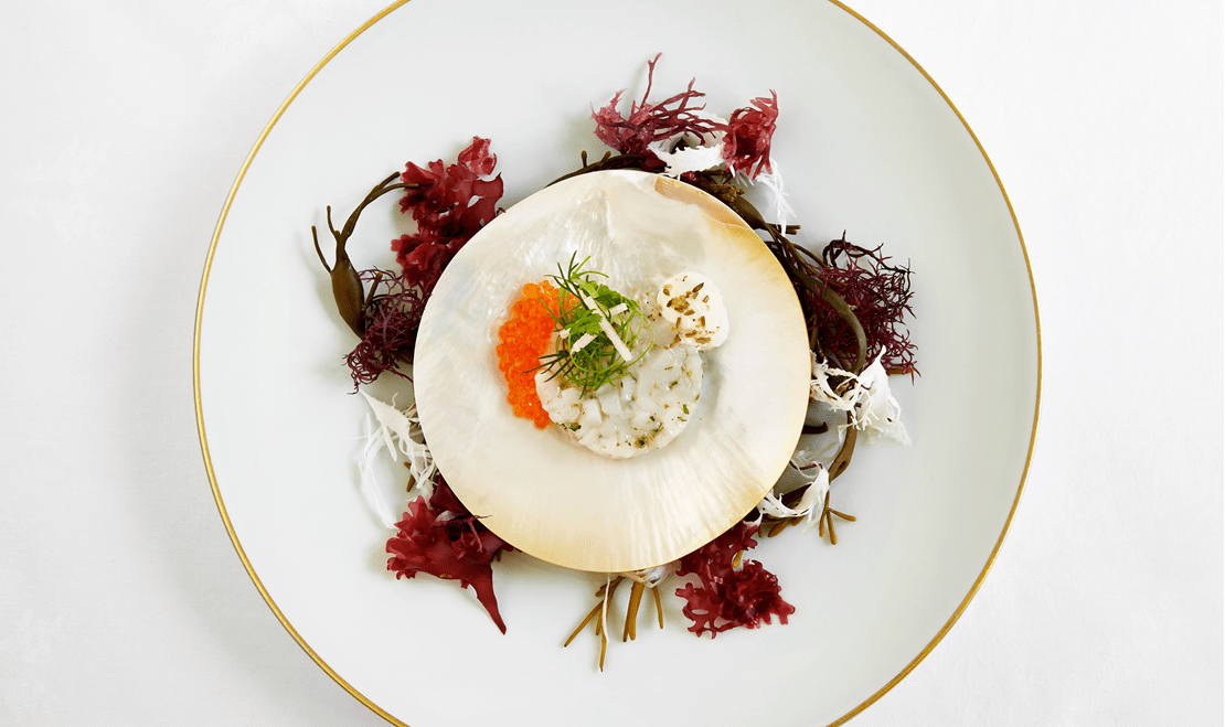 An aerial view of a dish offered at the Inn at Little Washington in Washington, Virginia.